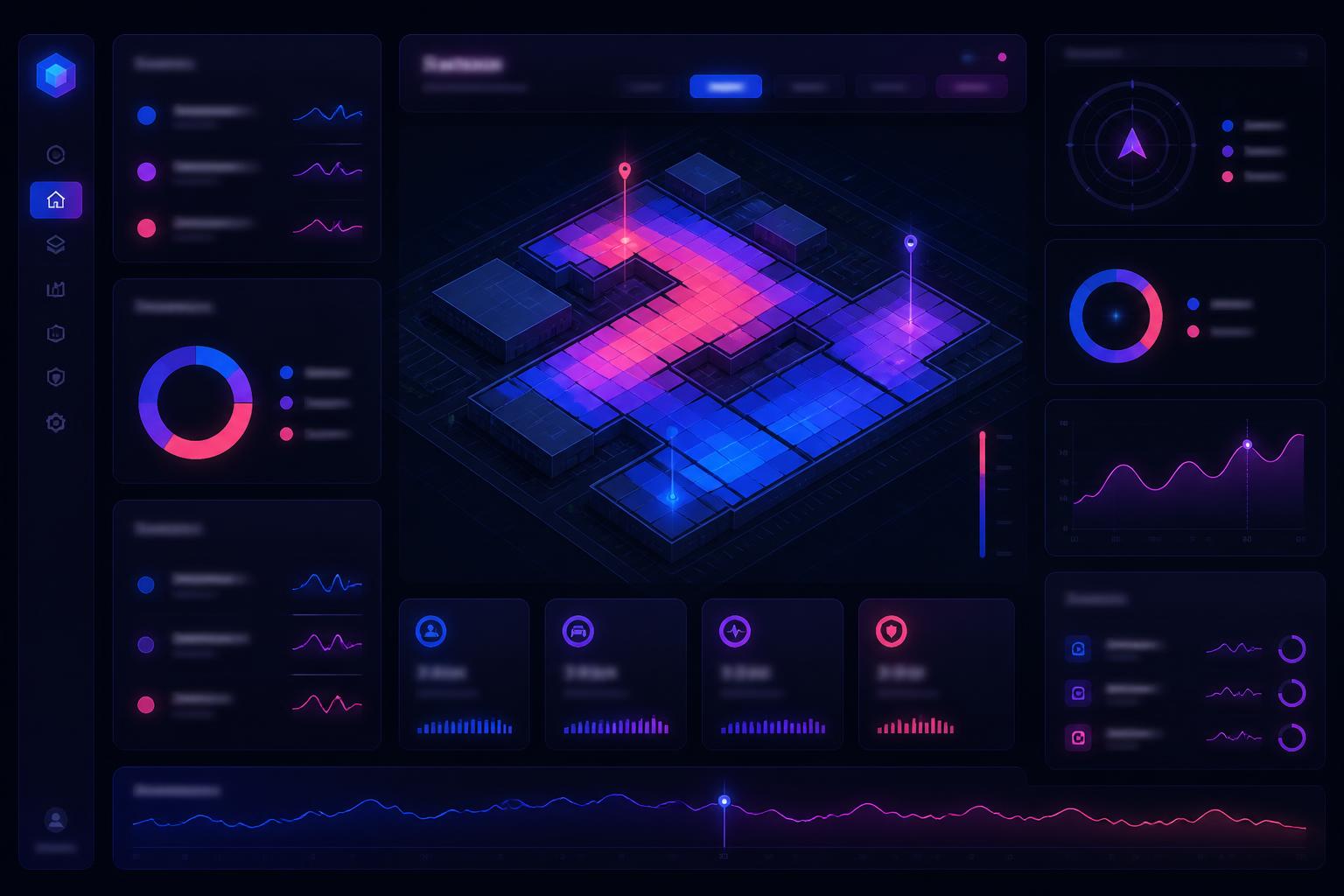 Dark Optaris dashboard mockup showing an isometric site map, zone occupancy heatmap and unified alert scoring panels.