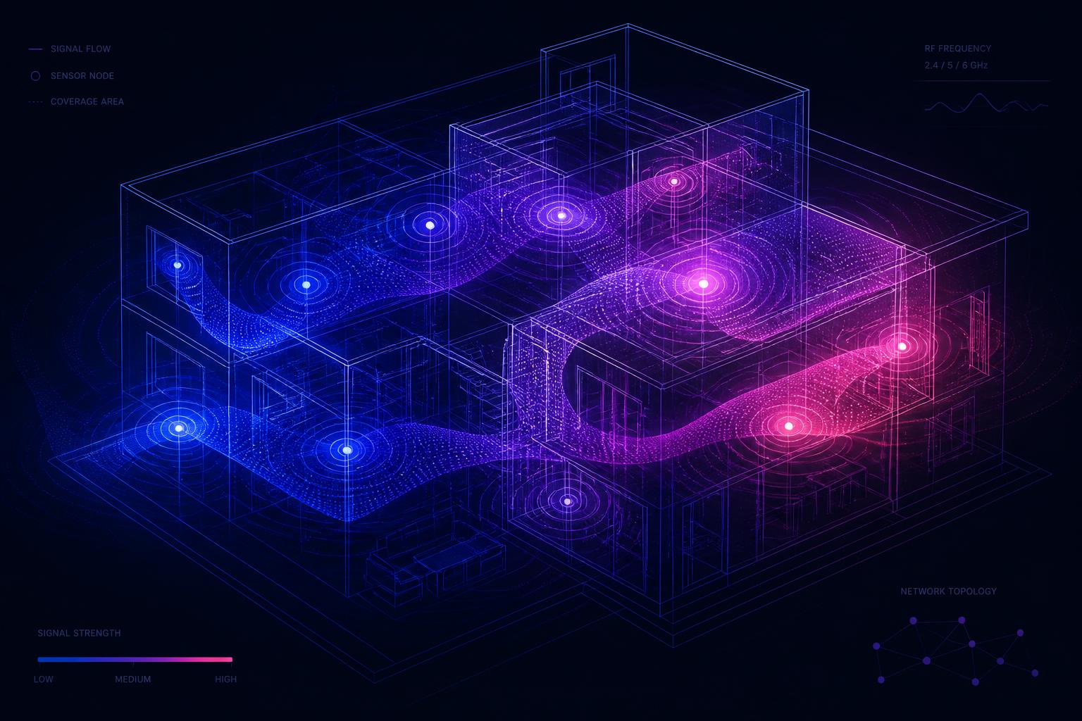 Optaris RF sensing mesh visualising signal flow through a building